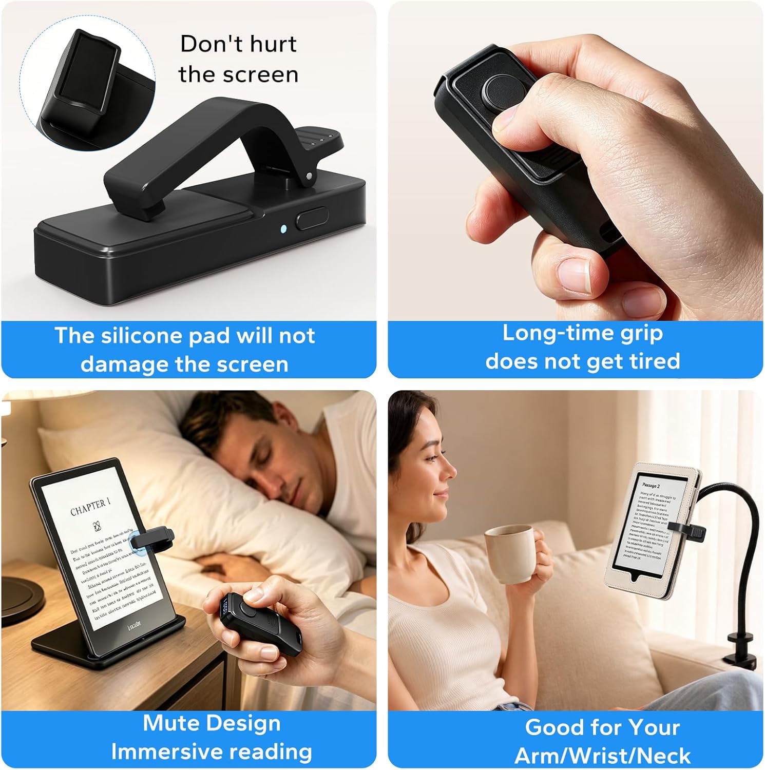 RF Remote Control Page Turner with Book Light and Timer Display for reading on Kindle Paperwhite, iPad, Android. Clicker Page Turner for Kindle for camera video recording and selfie shutter (K3-Black)