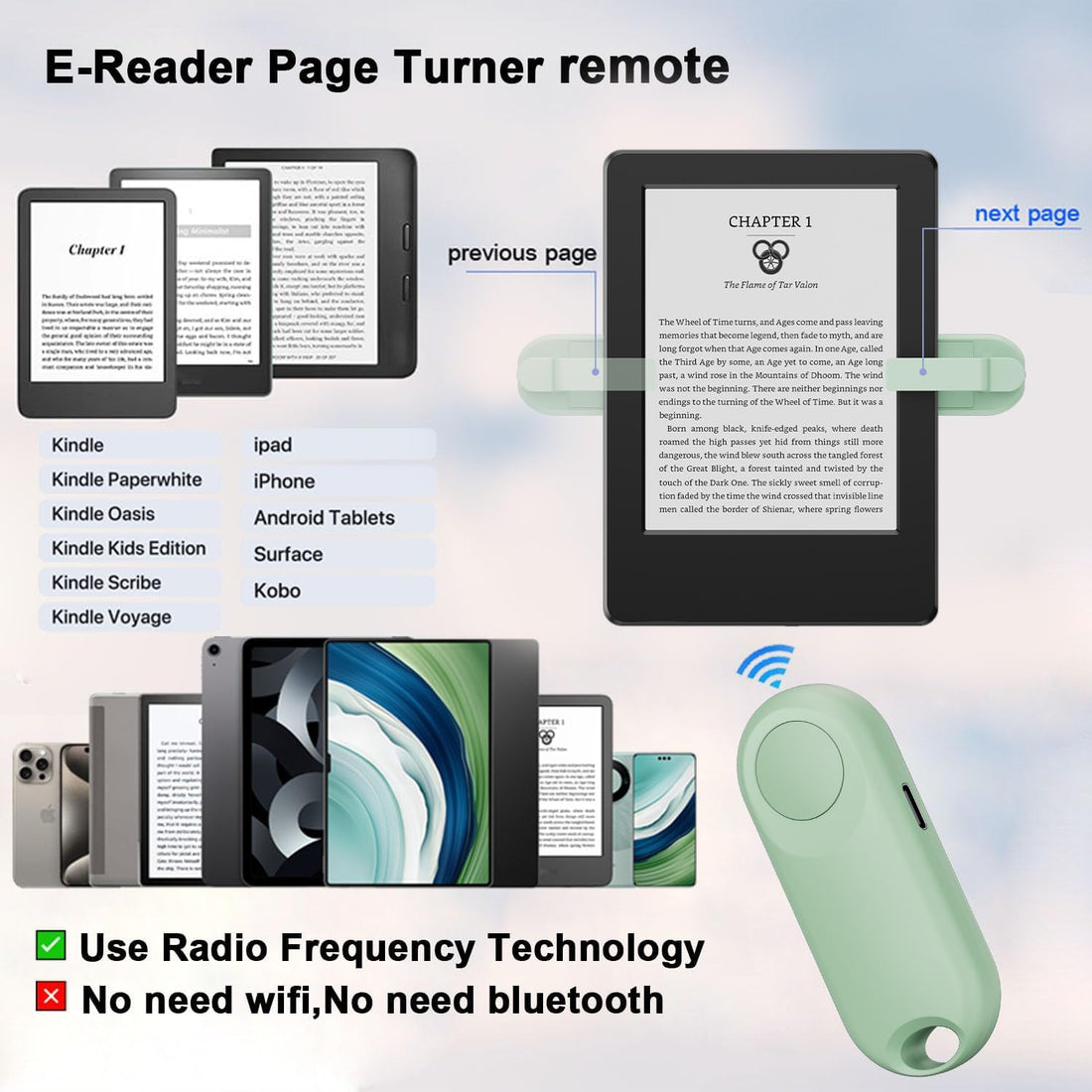 RF Remote Control Page Turner for Kindle Paperwhite Accessories Ipad Reading Kobo Surface Comics/Novels iPhone Tablets Android Taking Photos Camera Video Recording Remote (K1-Green)