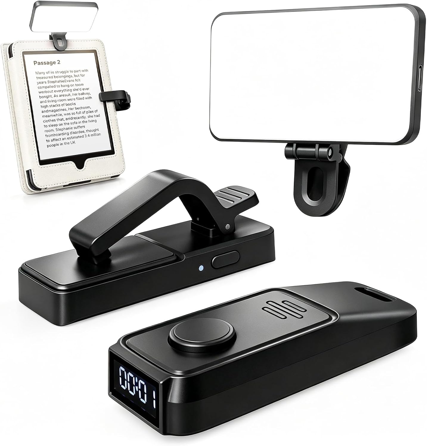 RF Remote Control Page Turner with Book Light and Timer Display for reading on Kindle Paperwhite, iPad, Android. Clicker Page Turner for Kindle for camera video recording and selfie shutter (K3-Black)