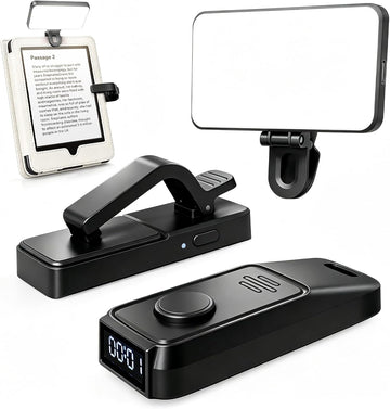 RF Remote Control Page Turner with Book Light and Timer Display for reading on Kindle Paperwhite, iPad, Android. Clicker Page Turner for Kindle for camera video recording and selfie shutter (K3-Black)