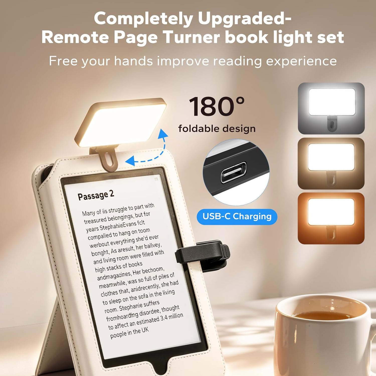 RF Remote Control Page Turner with Book Light and Timer Display for reading on Kindle Paperwhite, iPad, Android. Clicker Page Turner for Kindle for camera video recording and selfie shutter (K3-Black)