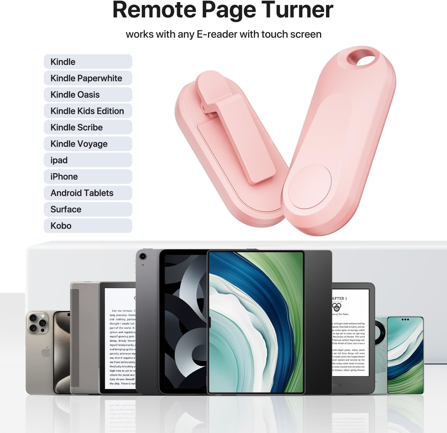 RF Remote Control Page Turner for Kindle Paperwhite Accessories Ipad Reading Kobo Surface Comics/Novels iPhone Tablets Android Taking Photos Camera Video Recording Remote (K2-Pink)