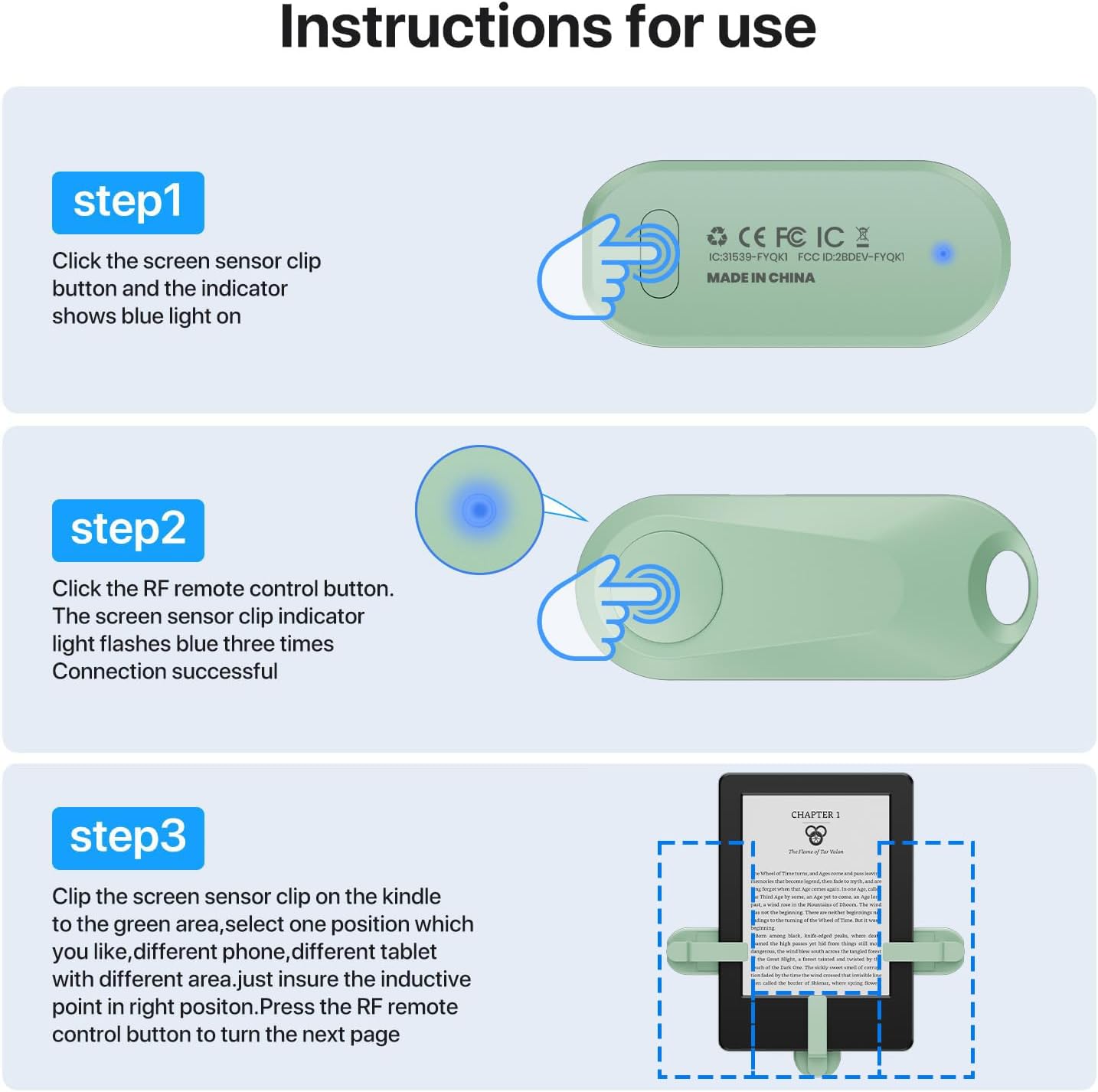 RF Remote Control Page Turner for Kindle Paperwhite Accessories Ipad Reading Kobo Surface Comics/Novels iPhone Tablets Android Taking Photos Camera Video Recording Remote(K2-Green)