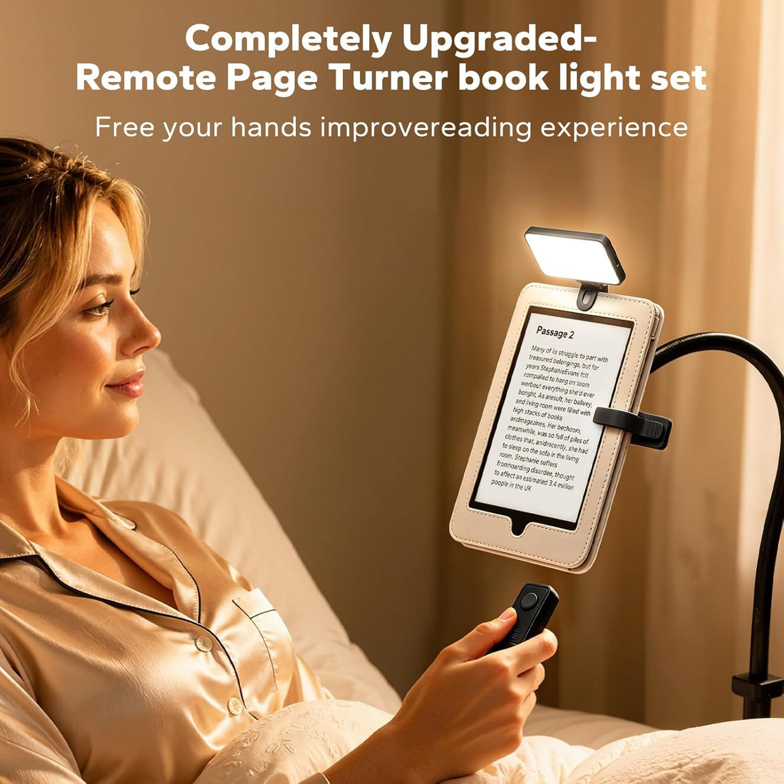 RF Remote Control Page Turner with Book Light and Timer Display for reading on Kindle Paperwhite, iPad, Android. Clicker Page Turner for Kindle for camera video recording and selfie shutter (K3-Black)