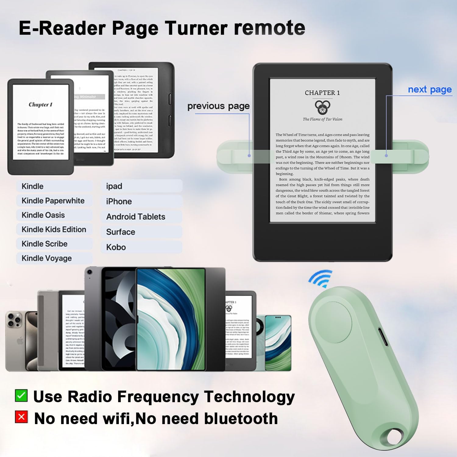 RF Remote Control Page Turner for Kindle Paperwhite Accessories Ipad Reading Kobo Surface Comics/Novels iPhone Tablets Android Taking Photos Camera Video Recording Remote(K2-Green)