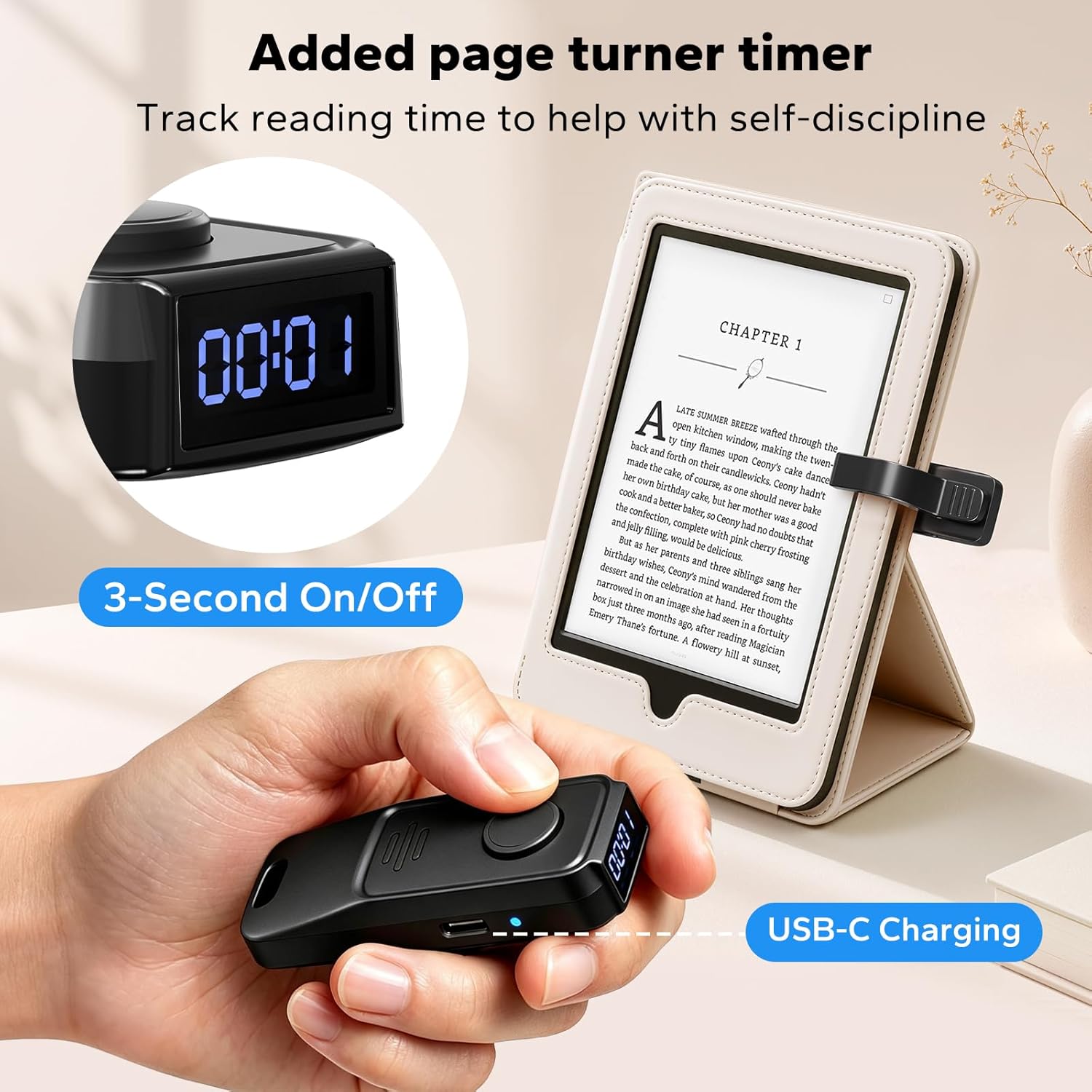 RF Remote Control Page Turner with Book Light and Timer Display for reading on Kindle Paperwhite, iPad, Android. Clicker Page Turner for Kindle for camera video recording and selfie shutter (K3-Black)